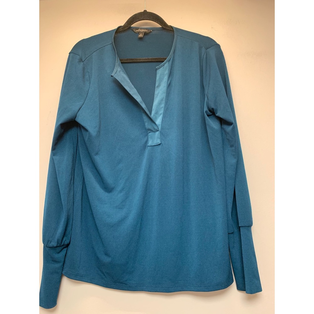 Banana Republic Blouse Womens Medium Teal Blue Excellent Split Neck Puff Sleeve